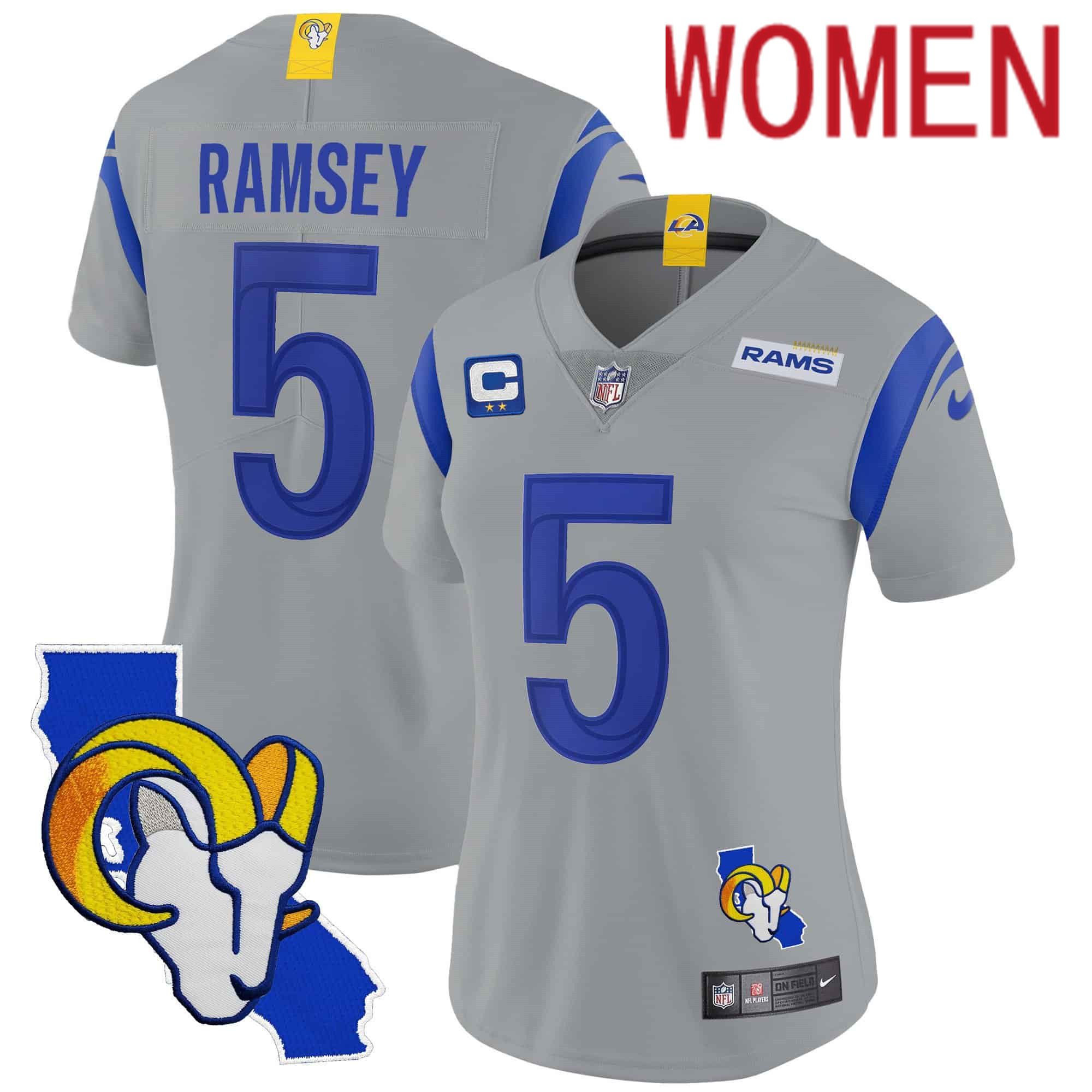 Women Los Angeles Rams #5 Ramsey Grey 2024 Nike California Patch Vapor Limited NFL Jersey